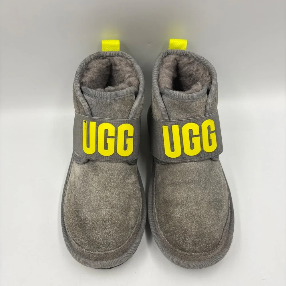 UGG Neumel Logo Kids Size 1 Grey Neon Yellow Good Suede Elastic Strap Boots